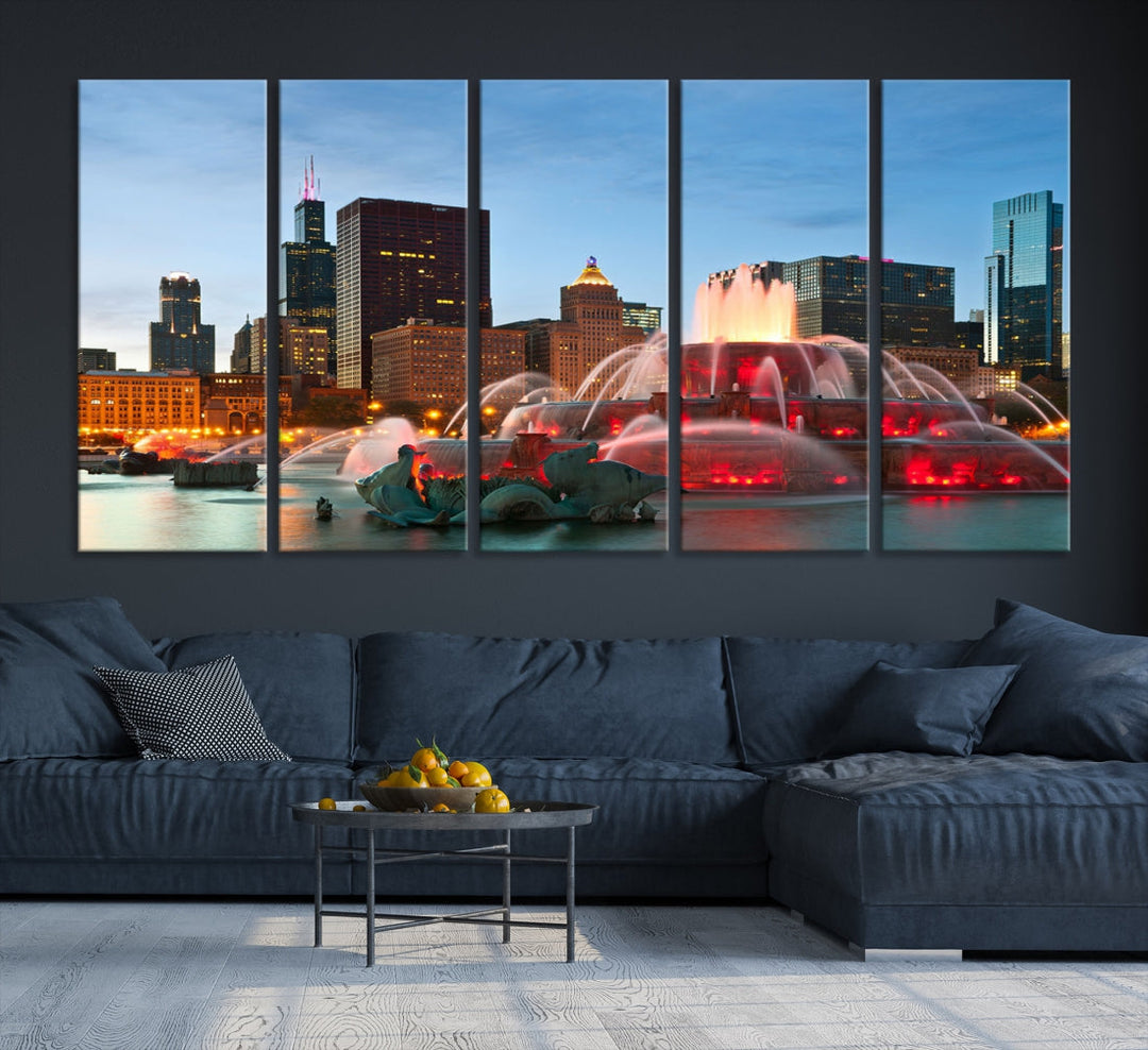 Impresión en lienzo de arte de pared grande con vista del paisaje urbano del horizonte nocturno de las luces de la ciudad de Chicago