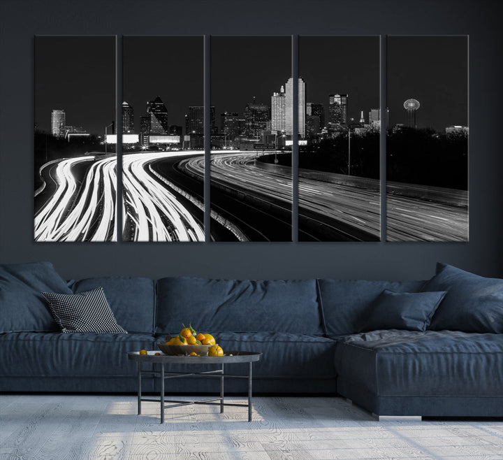 Luces de la calle de la ciudad de Dallas Skyline Arte de pared en blanco y negro Paisaje urbano Lienzo