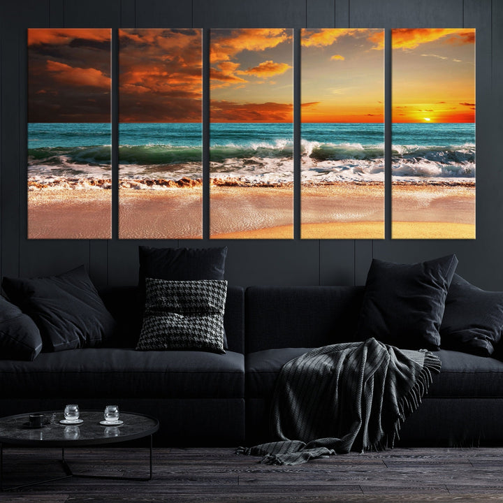 Sunset Ocean Wave Beach Wall Art Canvas Print, Red Sunset Printing