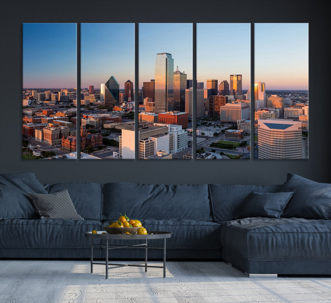 Dallas City Lights Sunrise Skyline Cityscape View Wall Art Impression sur toile