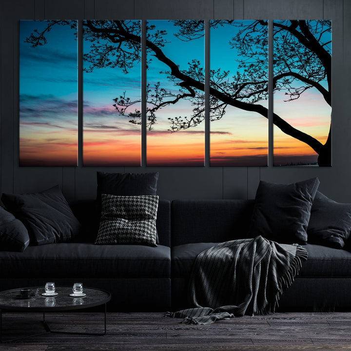 Impression sur toile d'art mural de feuilles d'arbre au coucher du soleil
