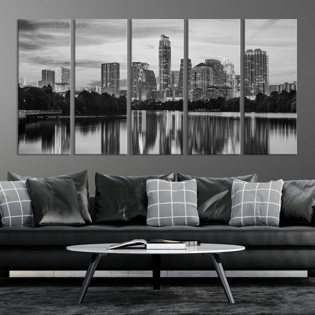 Austin City Cloudy Skyline Black and White Wall Art Cityscape Canvas Print