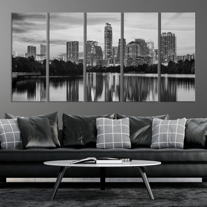 Austin City Cloudy Skyline Art mural noir et blanc Paysage urbain Impression sur toile