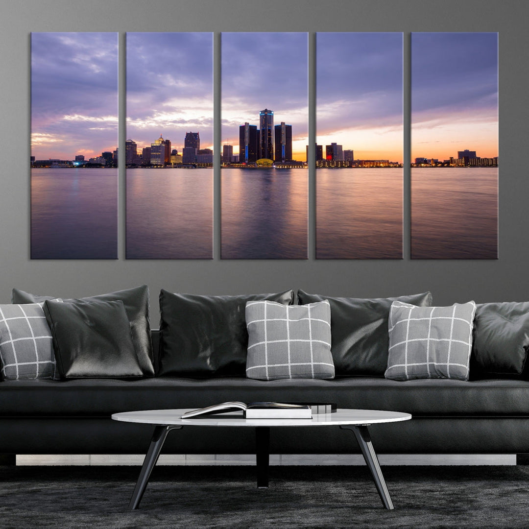 Detroit City Sunset Purple Cloudy Skyline Cityscape View Wall Art Canvas Print