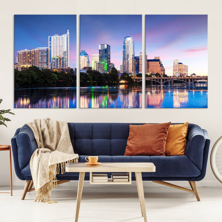 Luces de la ciudad de Austin Puesta de sol Vista del paisaje urbano del horizonte azul y morado Arte de pared grande Lienzo