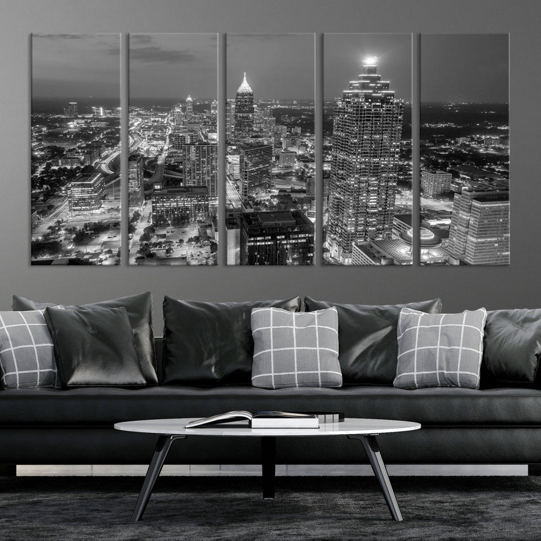 Atlanta City Skyline Art mural noir et blanc Paysage urbain Impression sur toile