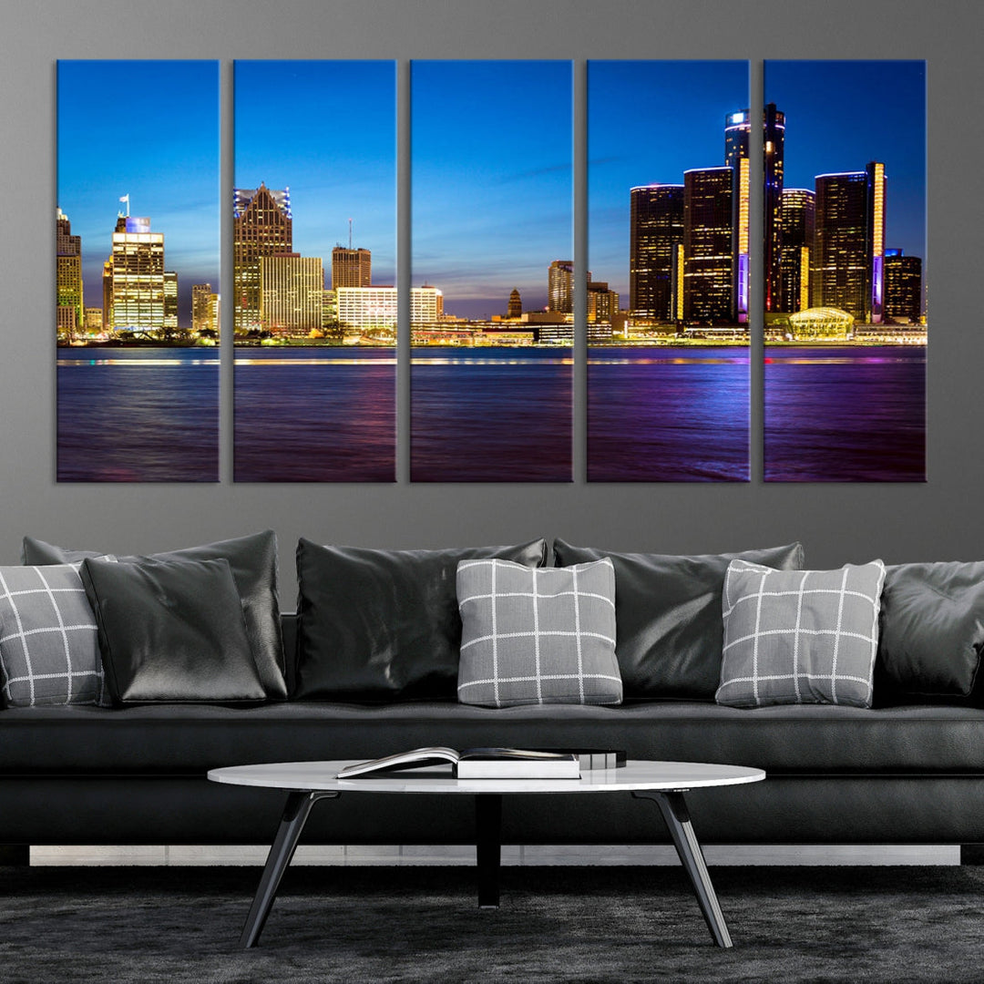 Detroit City Lights Night Bright Blue Skyline Cityscape View Wall Art Canvas Print