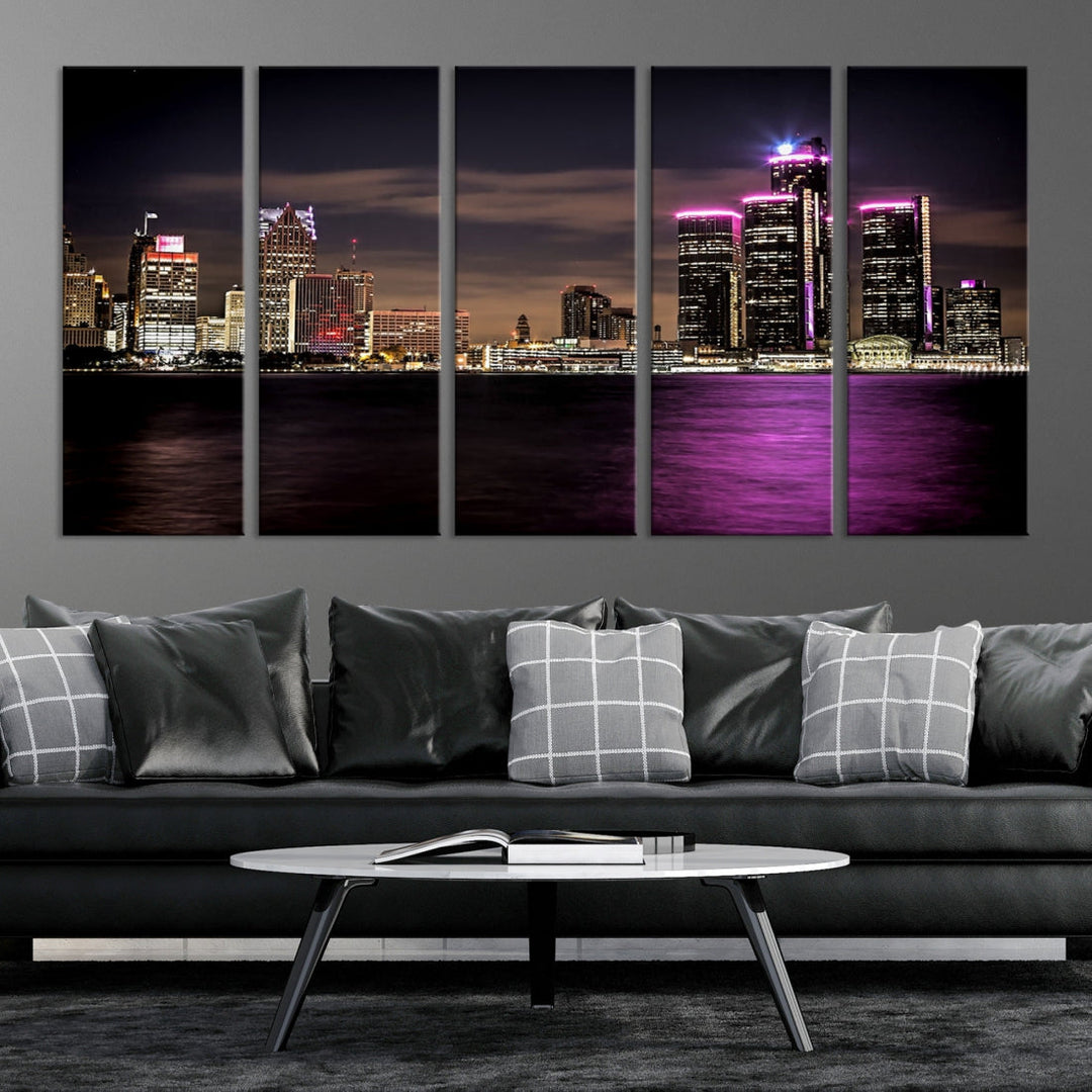 Impresión en lienzo de arte de pared grande con vista del paisaje urbano del horizonte nocturno de luces moradas de la ciudad de Detroit