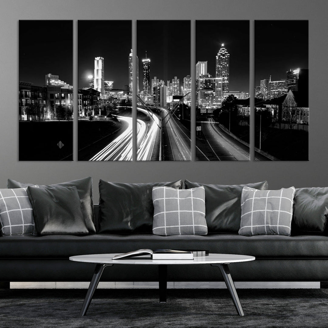 Atlanta Georgia Lights Skyline Black and White Wall Art Cityscape Canvas Print