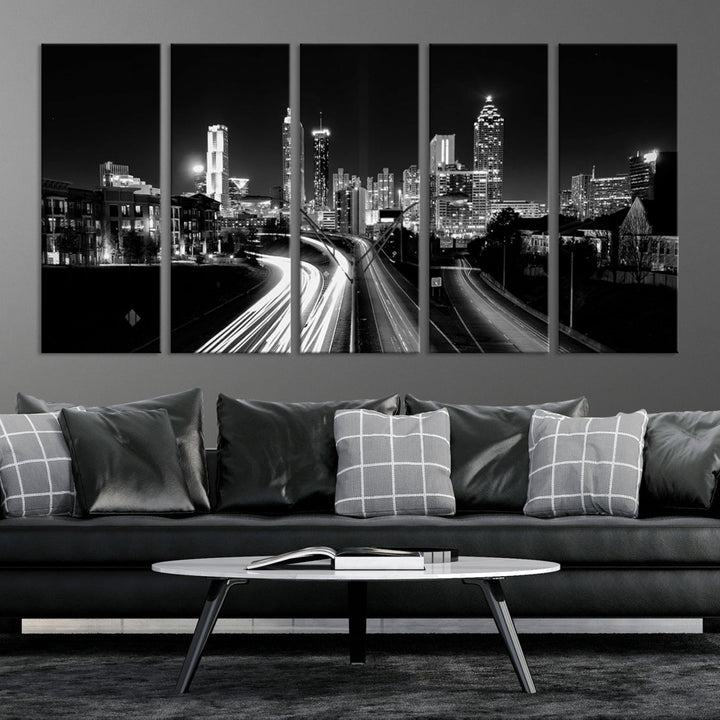 Atlanta Georgia Lights Skyline Black and White Wall Art Cityscape Canvas Print