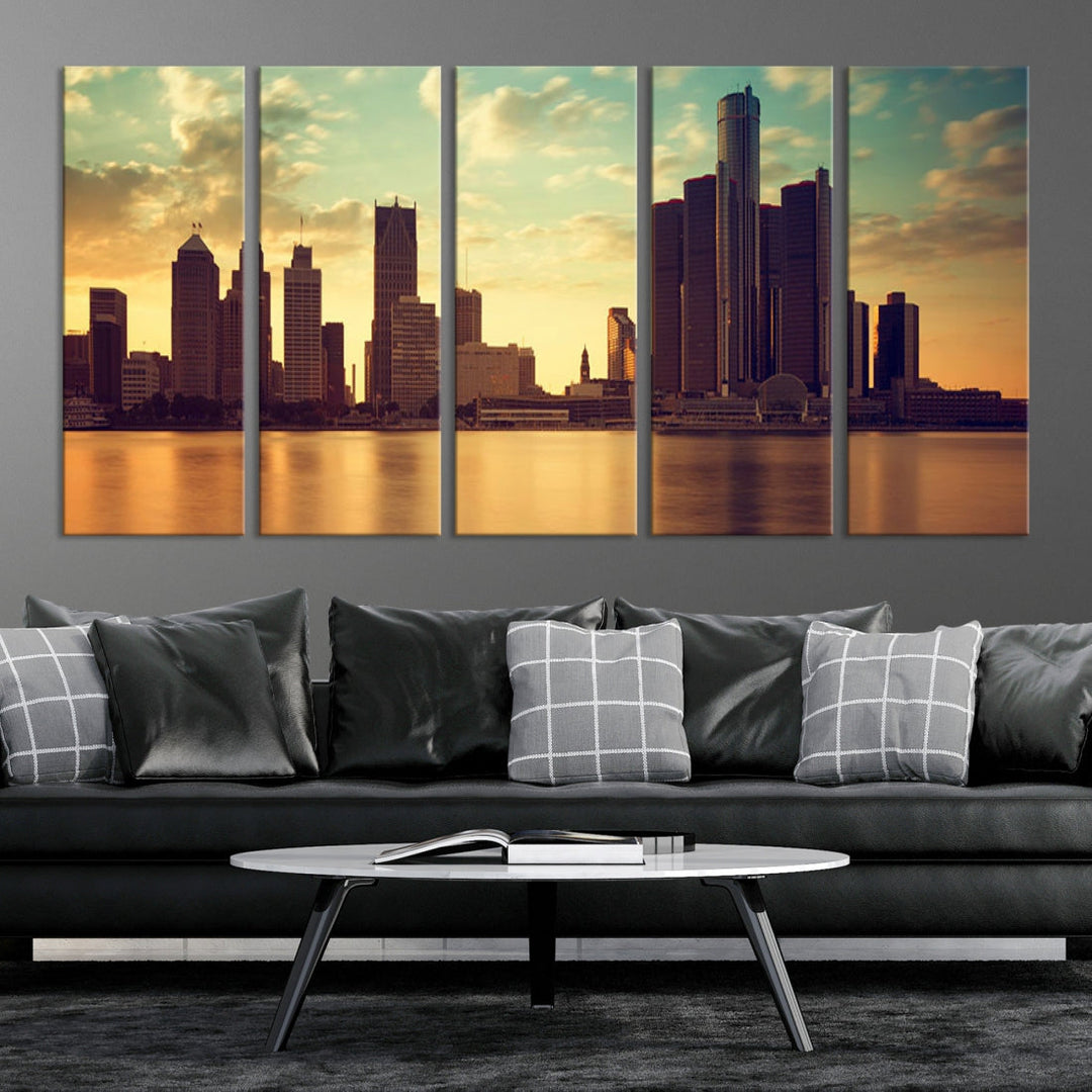 Detroit City Sunset Cloudy Skyline Cityscape View Wall Art Canvas Print
