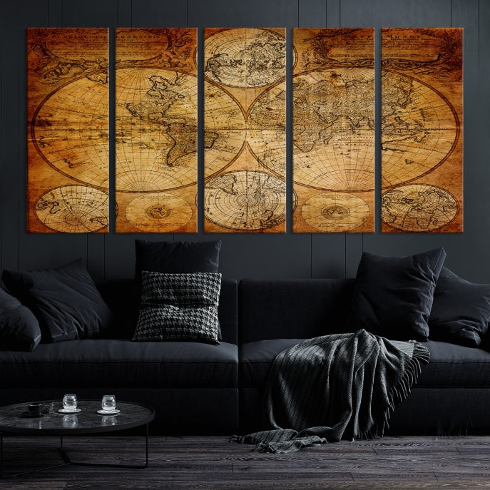 Vintage World Map with Two Hemisphere Wall Art Canvas Print