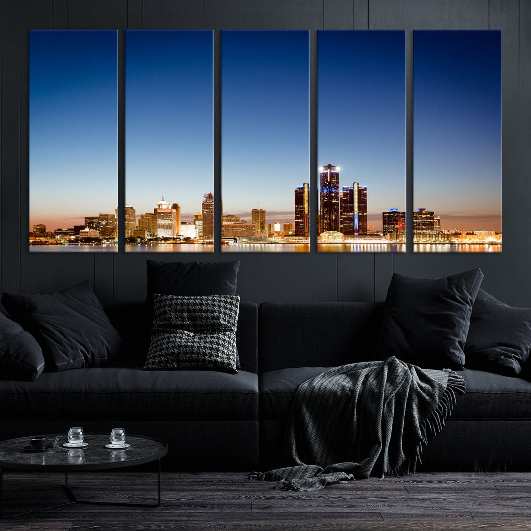 Detroit City Lights Sunrise Skyline Cityscape View Wall Art Canvas Print