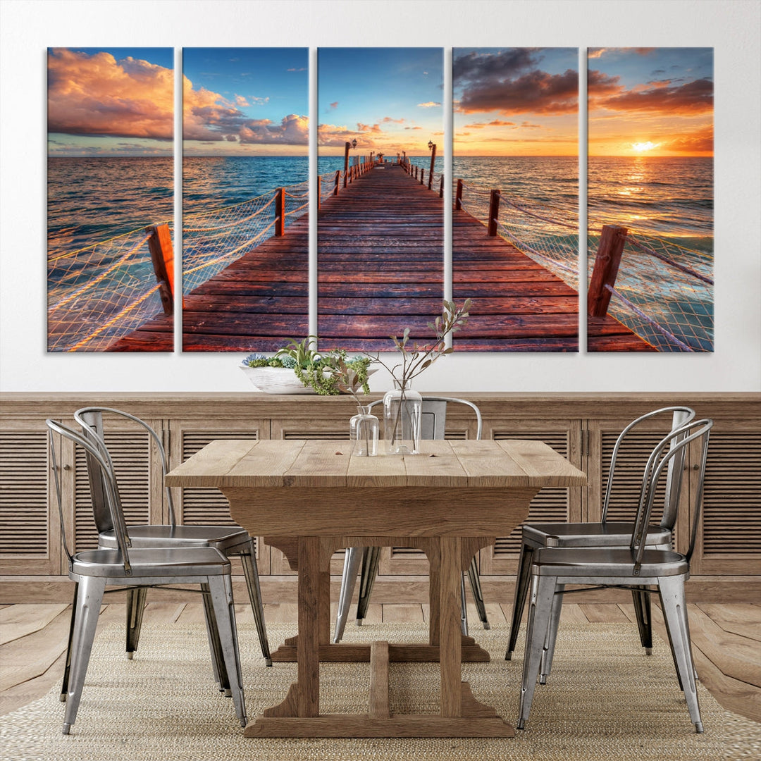 Sea Ocean Sunset Beach Wall Art Canvas Print, Cloud and Wood Pier on Sea