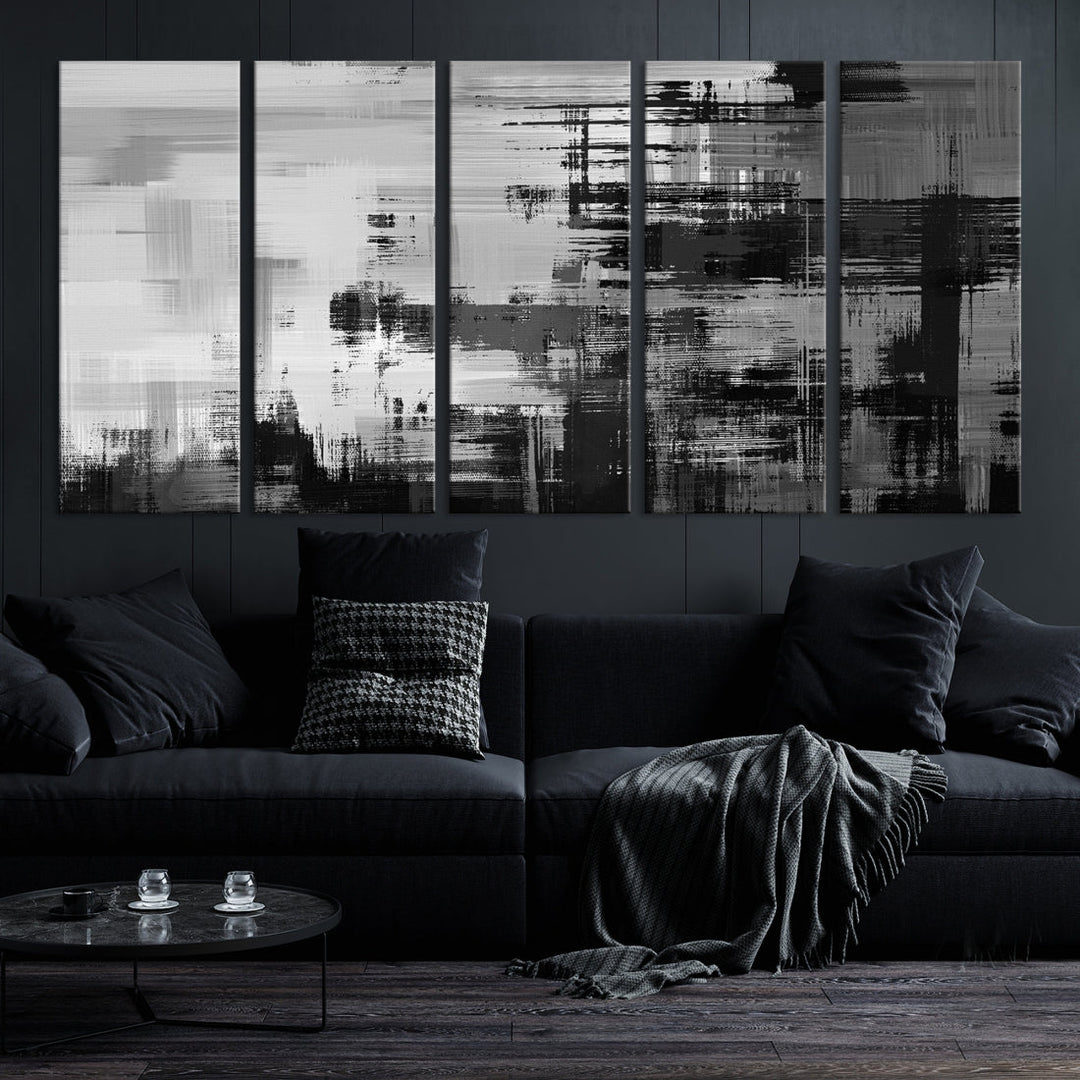 Peinture abstraite d’art mural sur toile noire en niveaux de gris