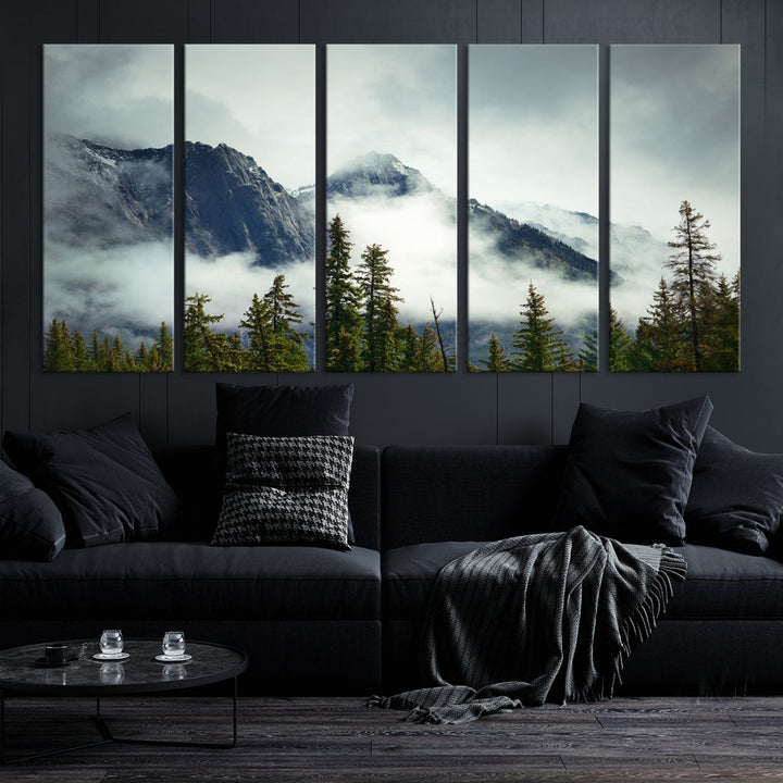 Impression sur toile d’art mural de forêt de montagne brumeuse