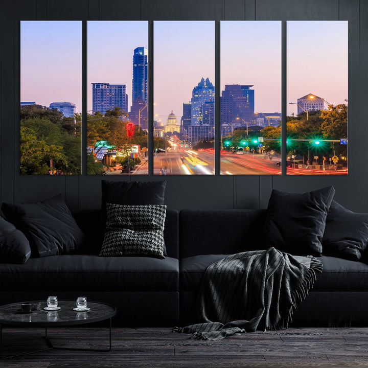 Luces de la ciudad de Austin Atardecer Horizonte púrpura Vista del paisaje urbano Arte de pared grande Lienzo