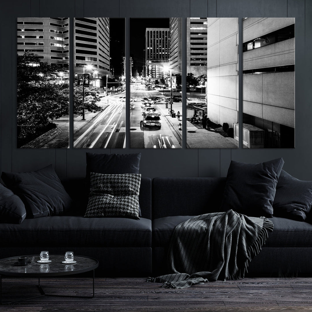 Luces de la ciudad de Baltimore Streetview Arte de pared en blanco y negro Paisaje urbano Lienzo