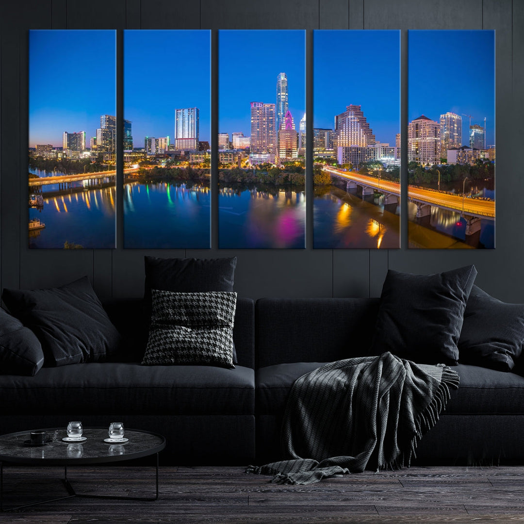 Austin City Lights Night Blue Skyline View Wall Art Canvas Print