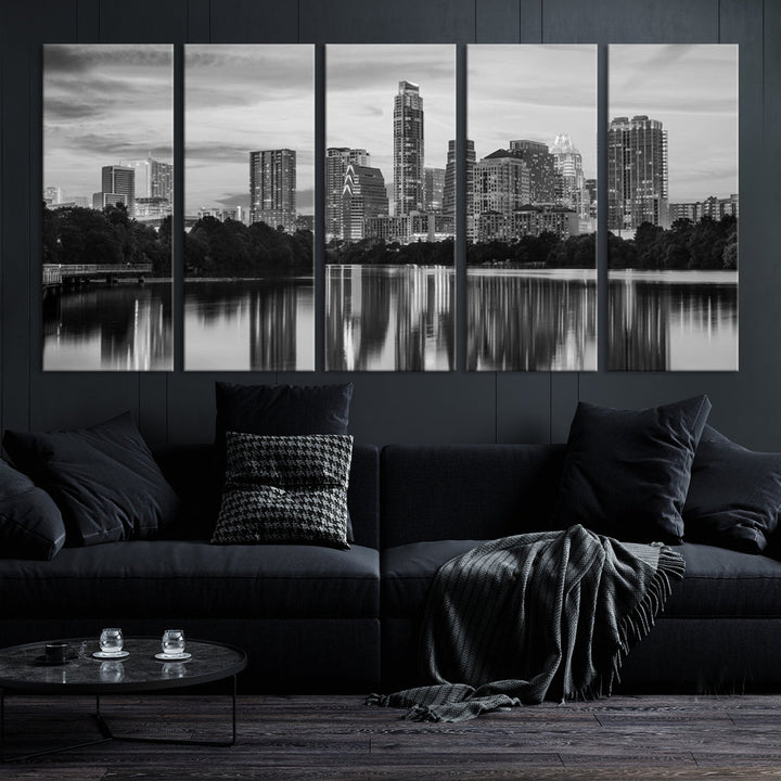 Austin City Cloudy Skyline Art mural noir et blanc Paysage urbain Impression sur toile