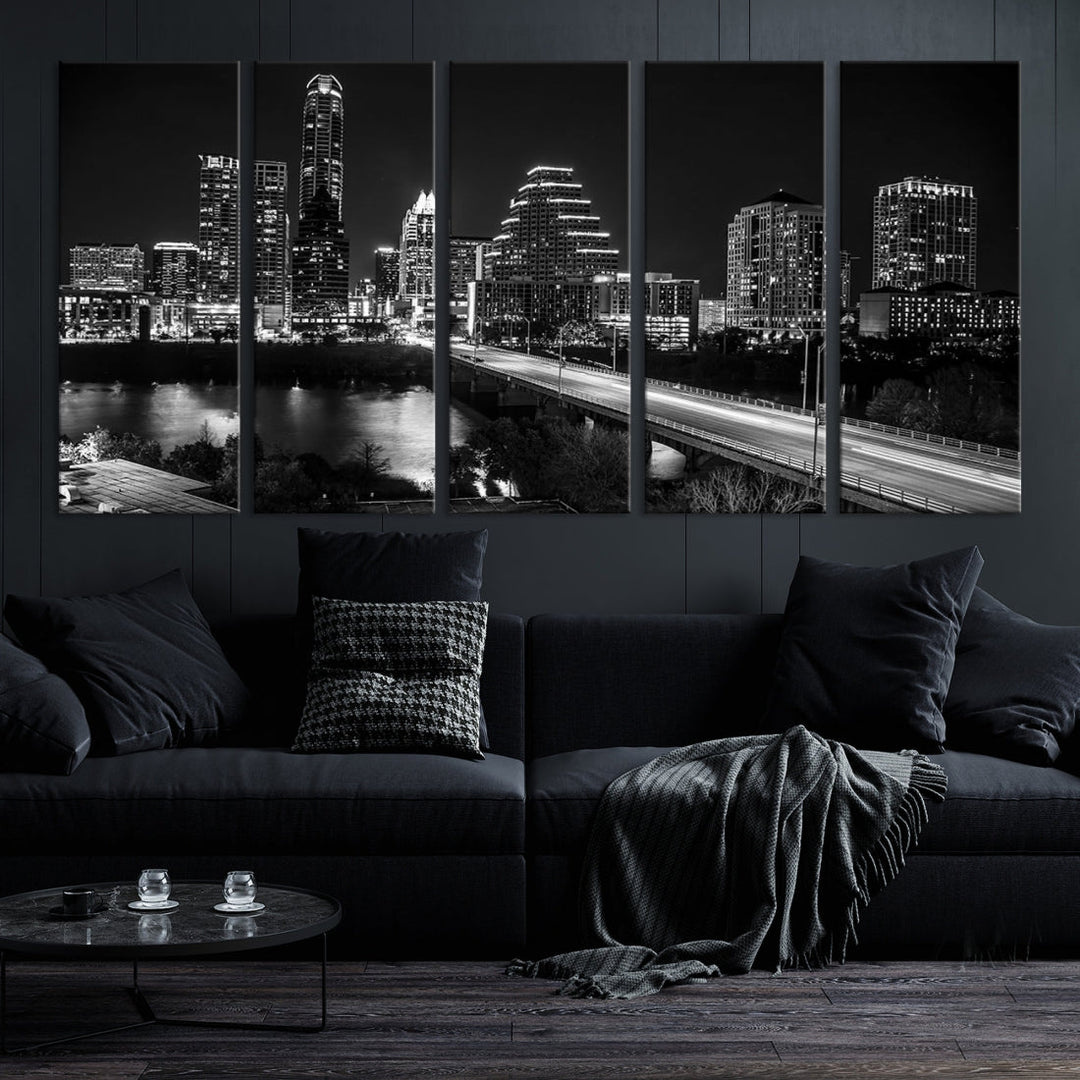 Austin City Lights Skyline Arte de pared en blanco y negro Paisaje urbano Lienzo
