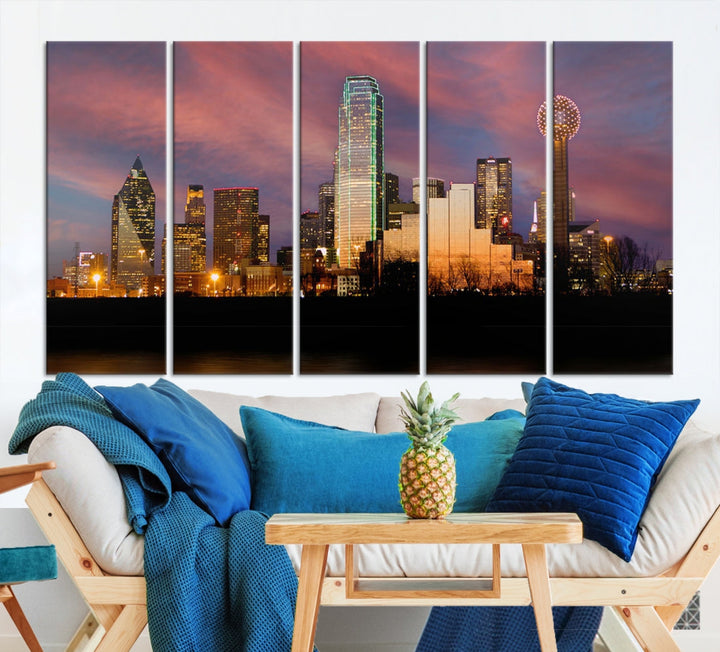 Luces de la ciudad de Dallas Puesta de sol Colorido horizonte nublado Vista del paisaje urbano Arte de pared grande Lienzo
