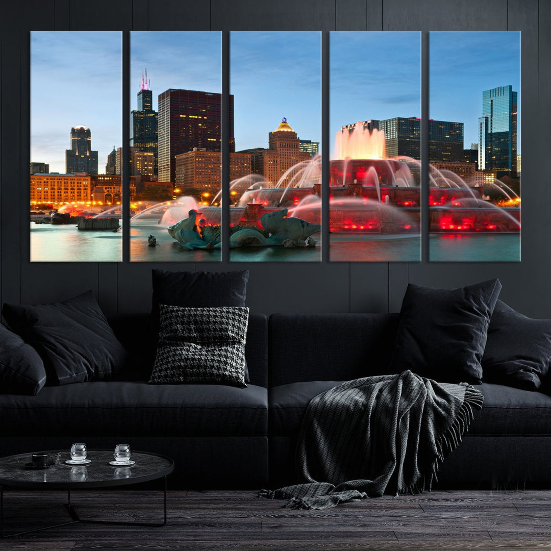 Impresión en lienzo de arte de pared grande con vista del paisaje urbano del horizonte nocturno de las luces de la ciudad de Chicago
