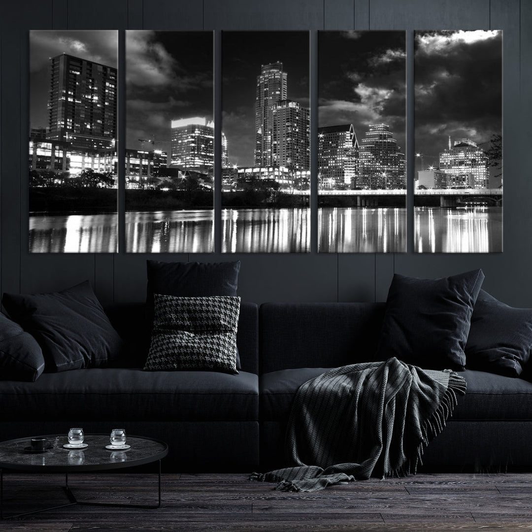 Austin City Lights Cloudy Skyline Art mural noir et blanc Paysage urbain Impression sur toile