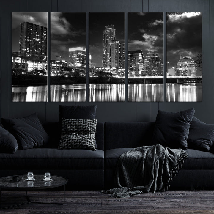 Austin City Lights Cloudy Skyline Art mural noir et blanc Paysage urbain Impression sur toile
