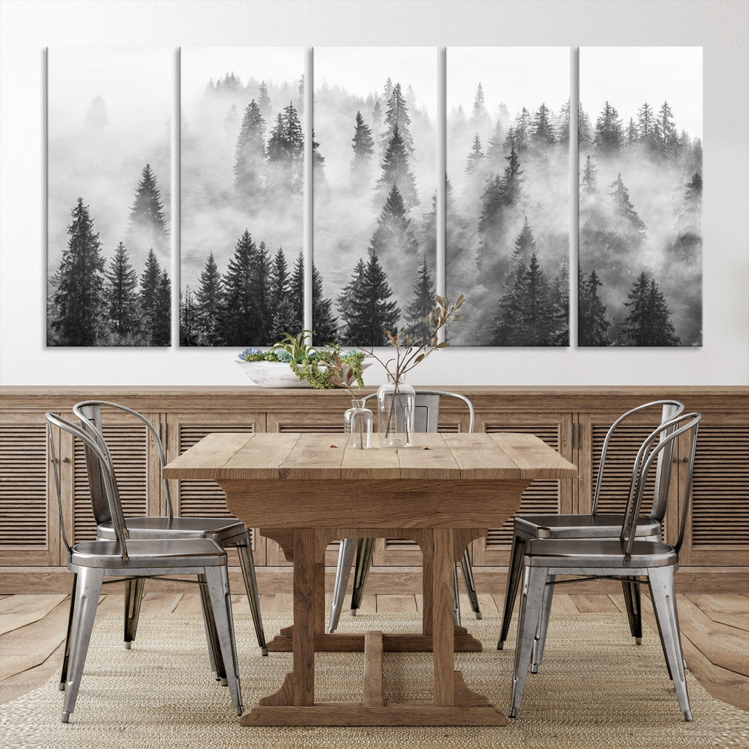 Impresión de lienzo de arte de pared grande de bosque brumoso, impresión de lienzo de arte de pared de árboles brumosos