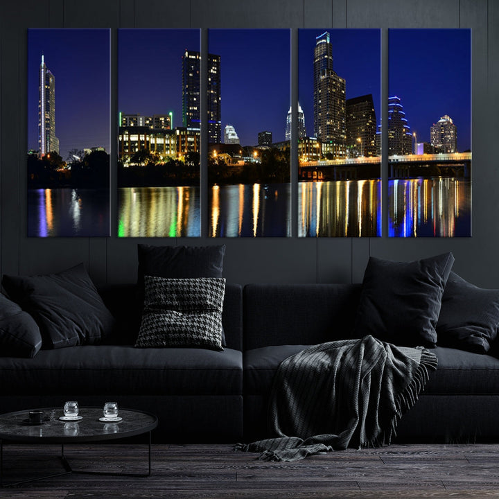 Austin Lights Night Blue Skyline Cityscape View Wall Art Canvas Print