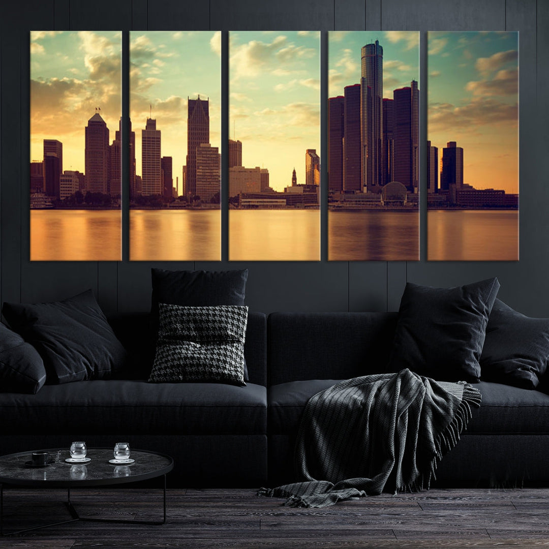 Impresión en lienzo de arte de pared grande con vista del paisaje urbano del horizonte nublado del atardecer de la ciudad de Detroit
