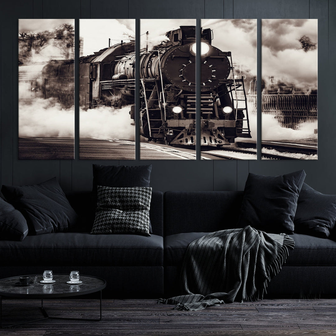 Black and White Steam Locomotive Canvas Wall Art Print