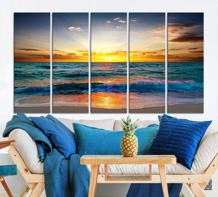 Puesta de sol en la playa, arte de pared, impresión en lienzo para comedor, oficina, decoración del hogar