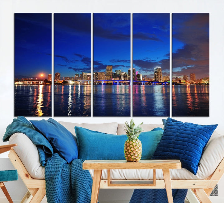 Impresión de lienzo de MIAMI de arte de pared grande - Panorama del horizonte de la ciudad de Miami al atardecer con rascacielos urbanos y puente sobre el mar con reflejo