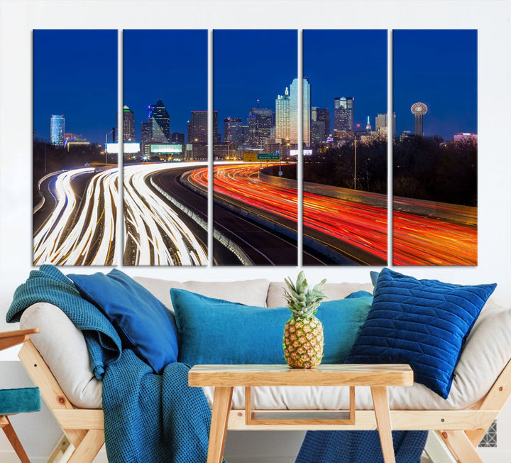 Luces de la calle de la ciudad de Dallas Vista del paisaje urbano del horizonte nocturno Arte de pared grande Lienzo