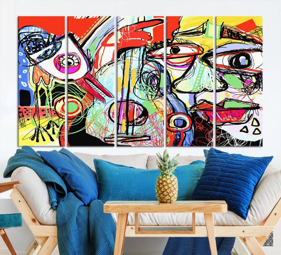 Impresión de arte de pared de lienzo grande abstracto moderno estilo Picasso para sala de estar, obra de arte abstracta colorida para decoración del hogar,