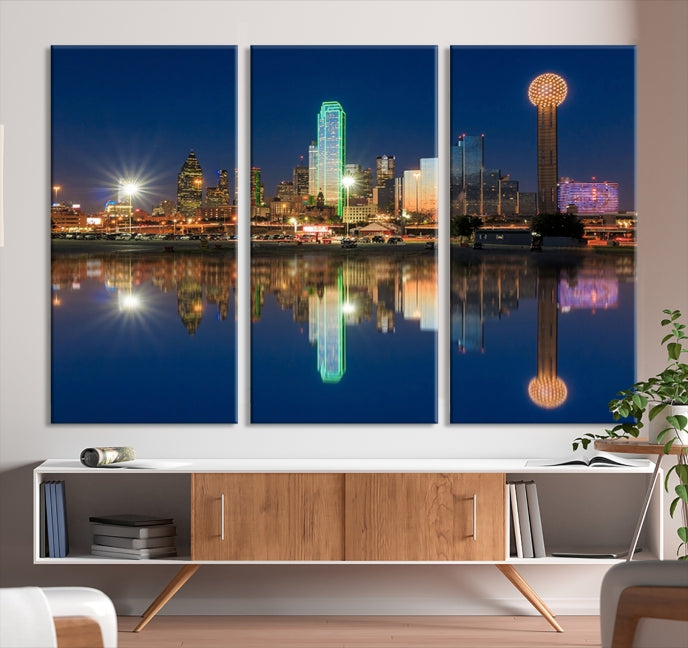 Impresión en lienzo de arte de pared grande con vista del paisaje urbano del horizonte nocturno de las luces de la ciudad de Dallas