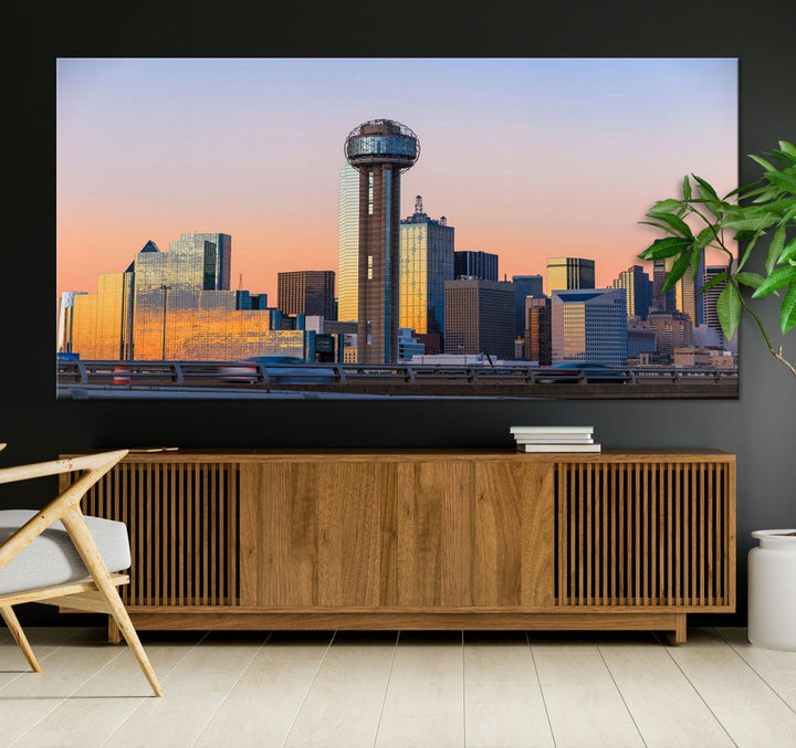 Impresión en lienzo de arte de pared grande con vista del paisaje urbano del horizonte del amanecer de las luces de la ciudad de Dallas