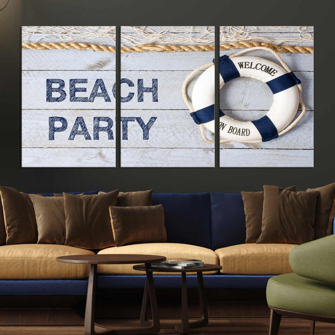 Panneau de fête sur la plage, impression sur toile, Art mural, bouée de sauvetage, Art mural de voile