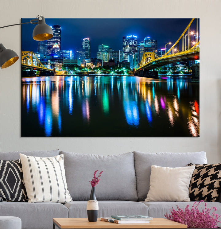 Downtown Pittsburgh at Night Canvas Wall Art Pittsburgh Skyline Canvas Art City Wall Art