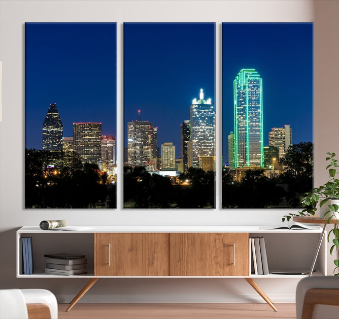 Impresión en lienzo de arte de pared grande con vista del paisaje urbano del horizonte azul nocturno de las luces de la ciudad de Dallas