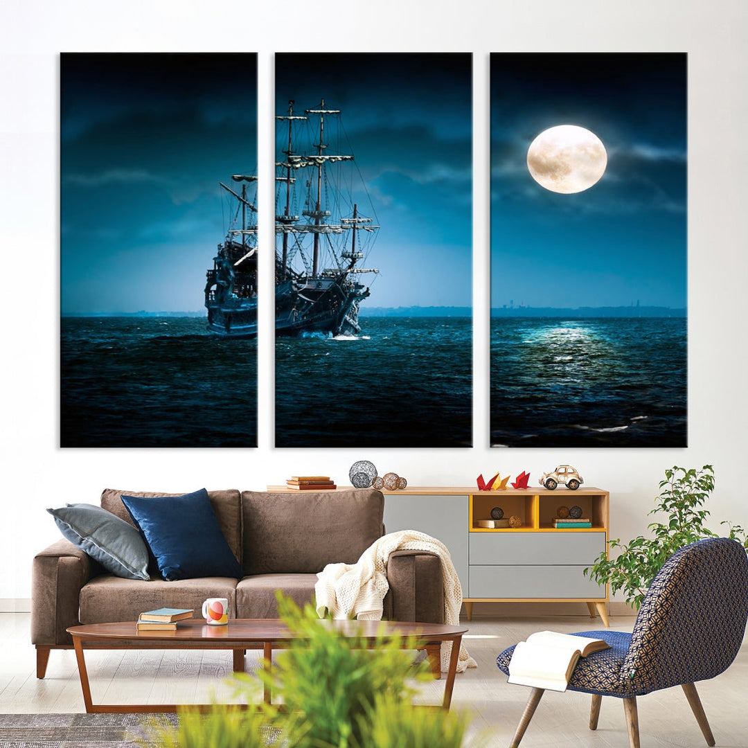 Impresión en lienzo de arte de pared grande con luna y barco en el océano por la noche
