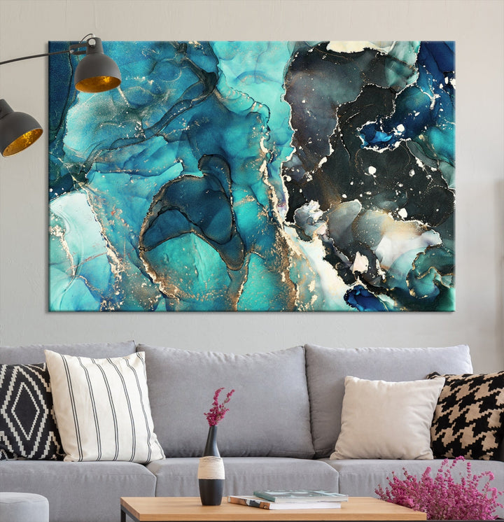 Stylish Teal Color Gold Abstract Canvas Wall Art Print