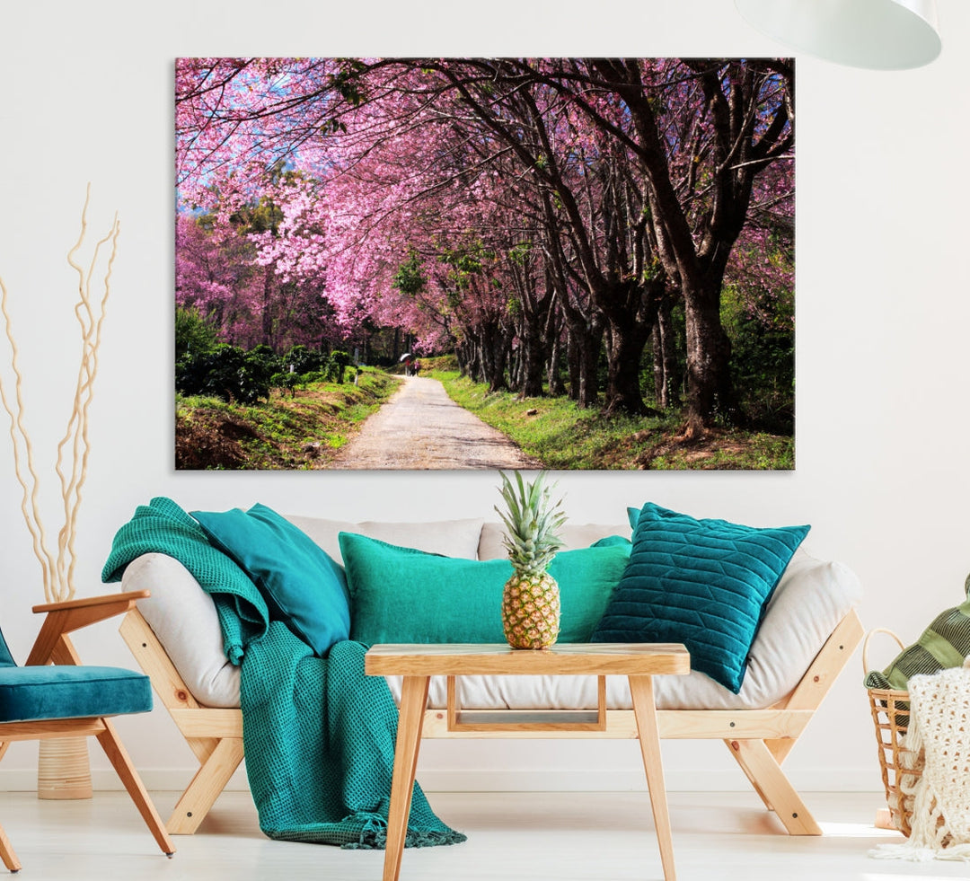 26301 - Lienzo decorativo para pared grande con bosque de árboles y cerezos en flor