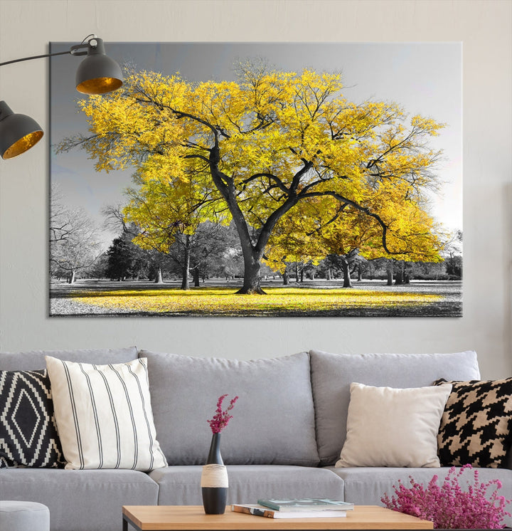 Toile murale avec grand arbre jaune, impression d'art, noir, blanc, jaune, peinture artistique