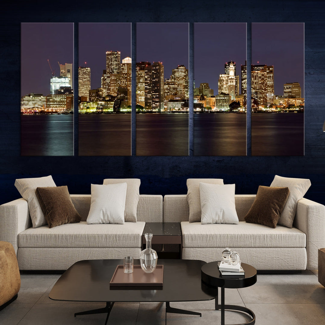 Impresión en lienzo de arte de pared grande con vista del paisaje urbano del horizonte nocturno de las luces de la ciudad de Boston