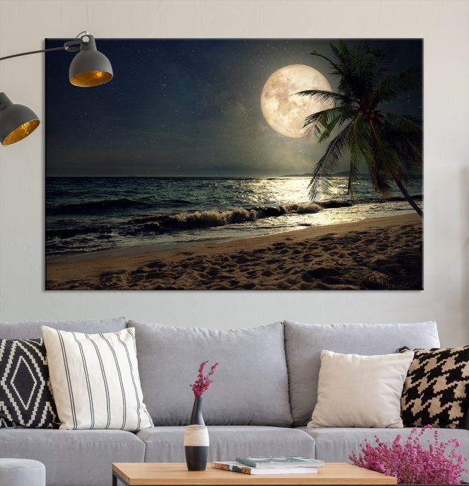Tropical Beach and Moon Wall Art Canvas Print