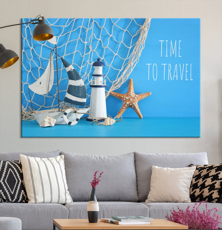 Art mural en forme d'étoile de mer et de phare de bateau à voile Impression sur toile