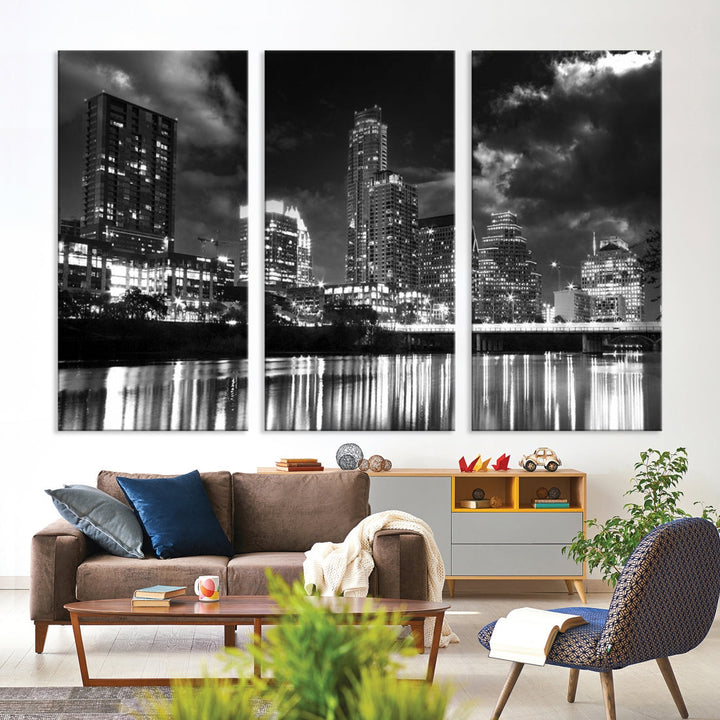 Luces de la ciudad de Austin Horizonte nublado Arte de pared en blanco y negro Paisaje urbano Lienzo